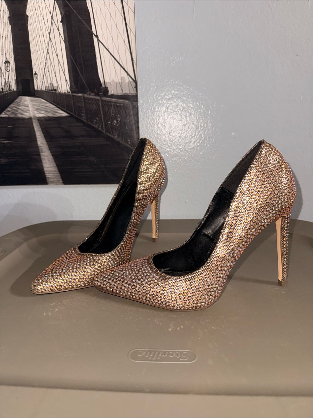 Crystal-Embellished Pointed Toe Stiletto Pumps in Rose Gold